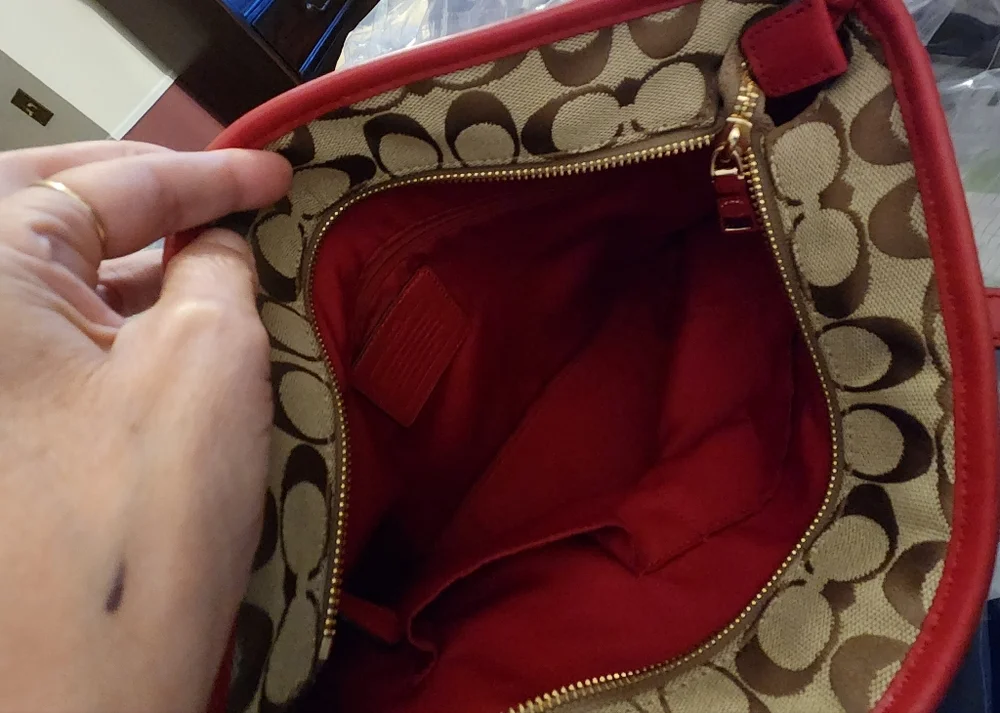 Like New Coach Signature Khaki & Red Leather Trim Shoulder Bag Tote Purse